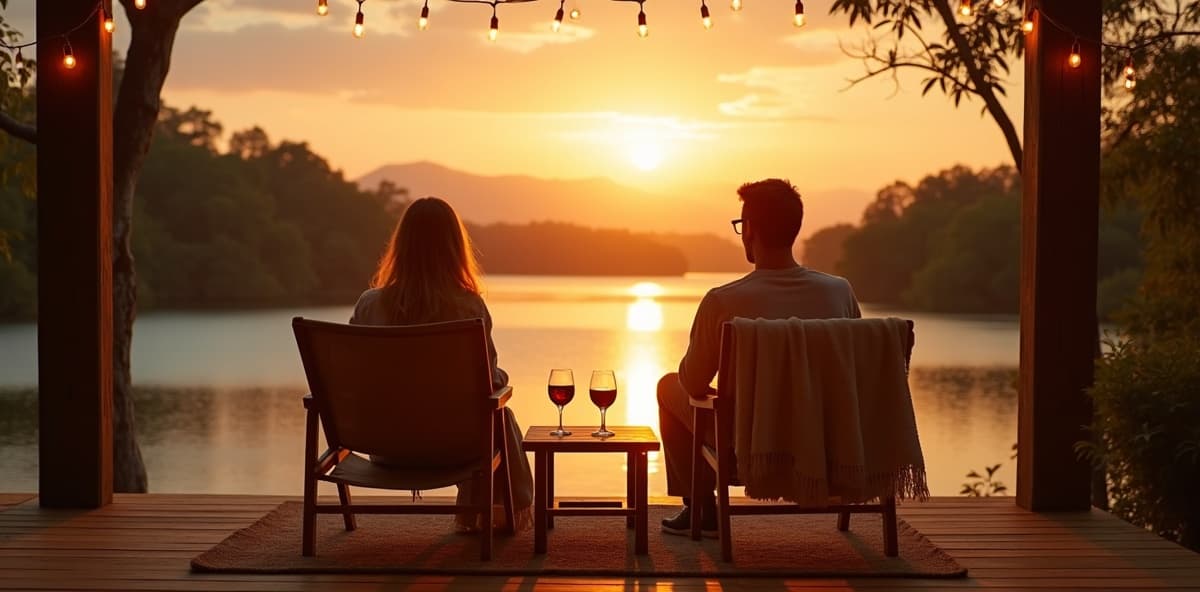 Casal relaxando no deck da represa ao pôr do sol